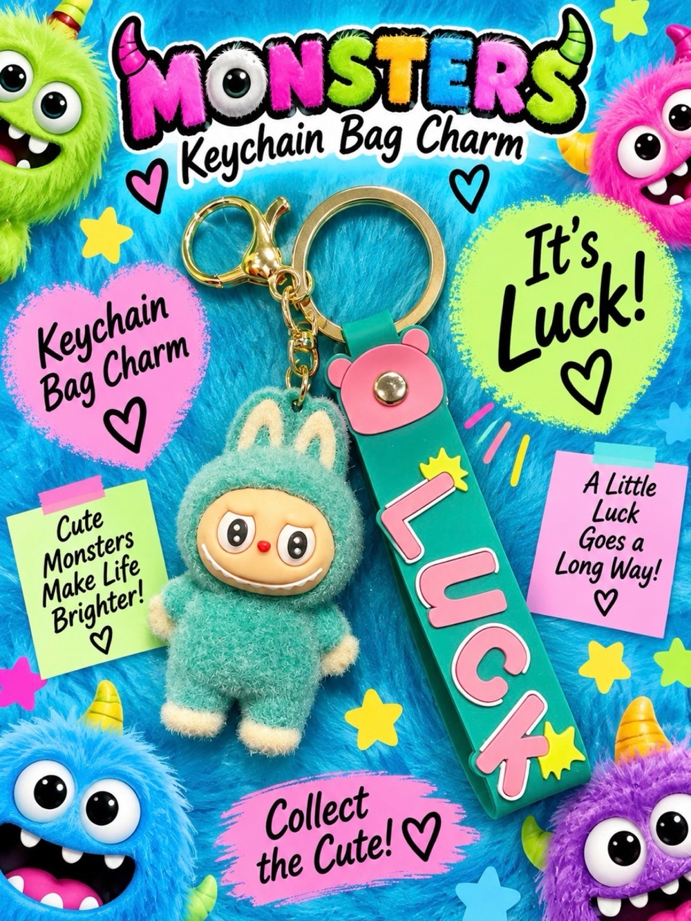 Monsters Fuzzy Keychain Bag Charm - Green "Luck" Strap